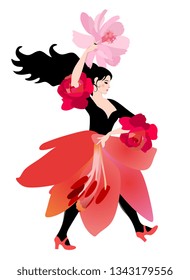 Pretty flamenco dancer girl wearing a skirt in the shape of a lily flower, and with a fan in the shape of a pink cosmos flower, walks isolated against a white background.