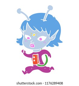 pretty flat color style cartoon alien girl running