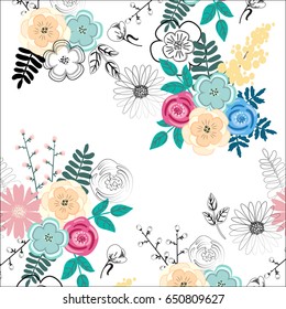 Pretty floral abstract seamless pattern with free space. Vector illustration