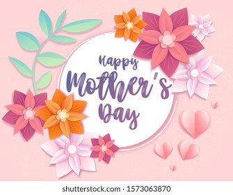 Pretty floral Happy Mothers Day greeting card design on a pink background with colorful origami 3d effect paper summer flowers and hearts around central text, vector illustration