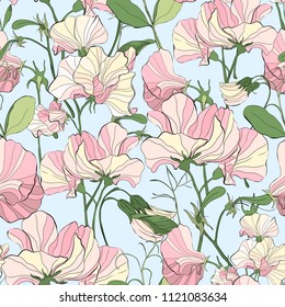 Pretty floral pattern with flowers of sweet peas. Light blue background.  Elegant the template for fabric, paper, postcard.