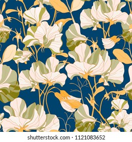 Pretty floral pattern with flowers of sweet peas. Blue background. Elegant the template for fabric, paper, postcard.