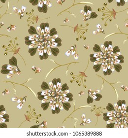 A pretty floral pattern in many varieties of wildflowers. Botanical motifs are scattered randomly. Seamless vector texture for fashion prints. Print on a beige background.