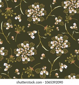 A pretty floral pattern in many varieties of wildflowers. Botanical motifs are scattered randomly. Seamless vector texture for fashion prints. Print against a dark background.