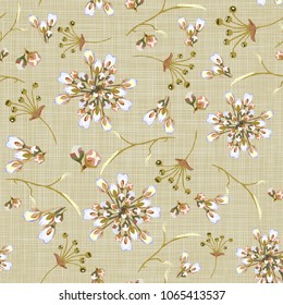 A pretty floral pattern in many varieties of wildflowers. Botanical motifs are scattered randomly. Seamless vector texture for fashion prints. Print on a beige background with a texture.