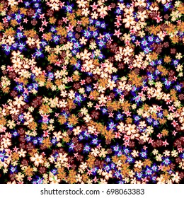 Pretty Floral Pattern with Simple Small Blossoms on Black Background. Seamless Texture with Summer Flowers for Background, Print, Calico, Chintz or Wallpaper in Retro Style