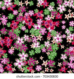 Pretty Floral Pattern with Simple Small Blossoms on Black Background. Seamless Texture with Summer Flowers for Background, Print, Calico, Chintz or Wallpaper in Retro Style