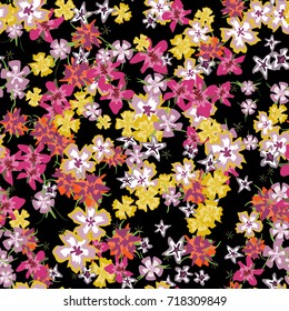 Pretty Floral Pattern with Simple Small Blossoms on Black Background. Seamless Texture with Summer Flowers for Background, Print, Calico, Chintz or Wallpaper in Retro Style