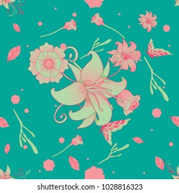 Pretty Floral Seamless Pattern With Jungle Green Background