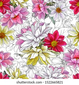 Pretty Floral Seamless Pattern with Multi-colored Flowers Dahlias on White Background. For Textile, Wallpapers, Print, Greeting. Vector Illustration.