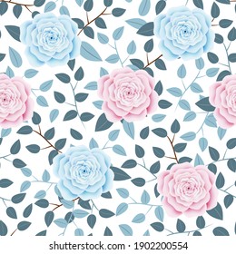 Pretty floral seamless pattern with roses and plant branches, on white isolated background. Elegant texture in pastel colors.
