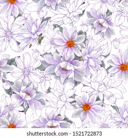 Pretty Floral Seamless Pattern with White Dahlias on White Background. Watercolor Style. For Textile, Wallpapers, Print, Greeting. Vector Illustration.