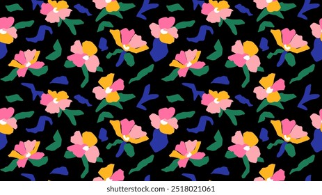 Papel de parede muito floral no fundo preto. Padrão simples sem costura minimalista com flores. Será bom para têxtil ou fabricação, papéis de parede, impressão, papel de presente e scrapbooking.