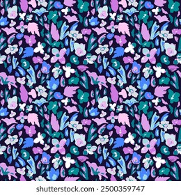 Pretty Floral Wallpaper on Dark background. Minimalist simple seamless pattern with flowers. Will be fine for textile or manufacturing, wallpapers, print, gift wrap and scrapbooking.	