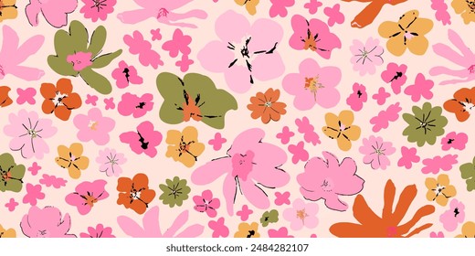 Pretty Floral Wallpaper on light background. Minimalist simple seamless pattern with flowers. Will be fine for textile or manufacturing, wallpapers, print, gift wrap and scrapbooking.