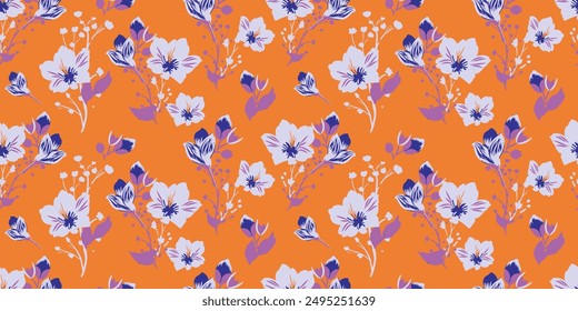 Pretty Floral Wallpaper on Orange Background. Minimalist Simple Seamless Pattern with Bell Flowers. Will be fine for textile or manufacturing, wallpapers, print, gift wrap and scrapbooking.