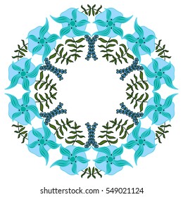 Pretty Floral Wreath. Round Natural Pattern. Ornate Decoration with Leaves, Branches and Flowers, Flourish Frame