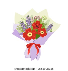 Pretty flower bouquet. Red flowers in violet paper. Bloom and blossom plants. Romantic gift or present. Social media sticker. Flat vector illustration isolated on white background