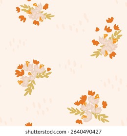 Pretty flower bouquets with leaves and textures forming a minimalist floral pattern in colors of orange, red, cream and green on off white background. Seamless vector pattern. Great for home decor,etc