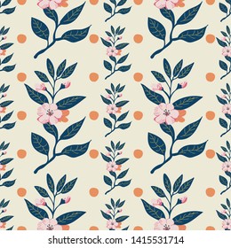 Pretty flower branch seamless pattern with polka dots on a light beige background. Vector. Light pink, orange and green color palette. Great for gift paper, textiles, fashion, home decor.