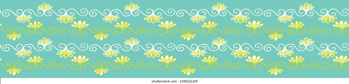 Pretty flower damask border. Seamless repeating flourish scroll. Hand drawn trendy floral vector illustration. Bright ornamental in decorative teal green ribbon trim. Spring fashion, retro home decor.