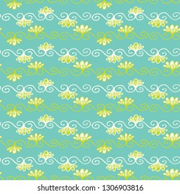 Pretty flower damask pattern. Seamless repeating flourish scroll. Hand drawn trendy floral vector illustration. Bright ornamental in decorative teal green background. Spring fashion, retro home decor.
