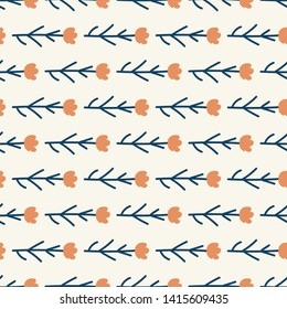 Pretty flower doodle seamless pattern with orange blossoms. Simple, quirky and cute floral, great for kids fashion, wallpaper, stationery items, textiles and home decor items. Repeat vector design.