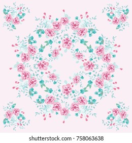 Pretty flower square composition. Country style millefleurs. Floral meadow enchanting background for scarf print, textile, covers, surface, scrapbooking, decoupage. Bandana design.
