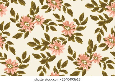 Pretty flowers and leaves scattered, forming an abstract botanical pattern in colors of pink, green on off white background. Floral seamless vector pattern. Great for home decor, fabric, wallpaper.