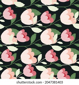Pretty flowers seamless pattern on black background. Vintage botany texture. Floral wallpaper. Romantic elegant design for fabric, textile print, wrapping, cover. Vector illustration.