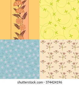 Pretty flowers seamless patterns set. Vector color backgrounds. Floral textures