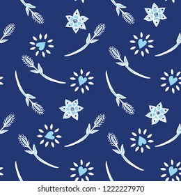 Pretty folk art pattern design in indigo blue, sky blue and white. Hearts, flower, and branches make this charming seamless vector design. Great for textiles, paper, fashion and gift wrapping paper.