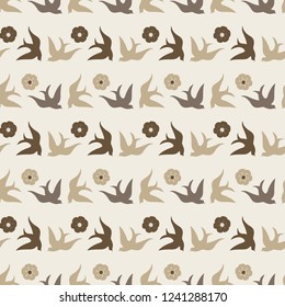 Pretty folk art style birds and flowers in neutral colors make this seamless vector pattern unique. Both retro and modern, good for textiles, fashion, home decor and stationery and gift markets.
