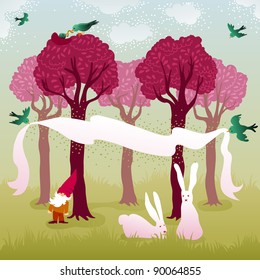 Pretty forest landscape with pink trees, nesting and flying love birds, a couple of easter bunnies and garden gnome