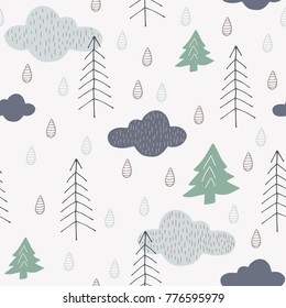 Padrão bonito floresta sem costura com árvores, nuvens e pingos de chuva. Bebê escandinavo estilo natureza ilustração. Design de floresta abstrato bonito para têxtil, papel de parede, tecido.