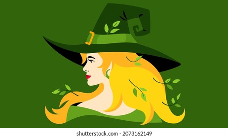 Pretty Forest Witch In Green Magic Hat. Young Cute Woman, Sorcerer Costume, Long Fluttering Hair, Beautiful Face, Blonde. Witchcraft Concept. Realistic Female Portrait In Modern Flat Style.