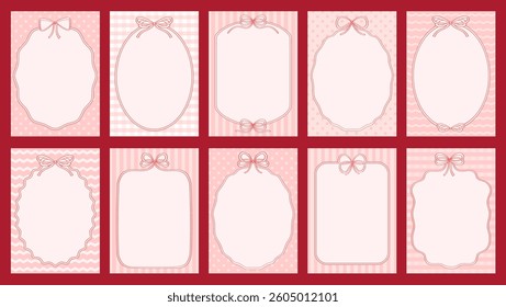 Pretty frames from ribbon with bows with space for text. Vintage ribbon frames cards on red background. Cute cards for invitation or holiday.