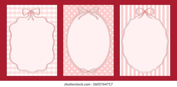 Pretty frames from ribbon with bows with space for text. Vintage ribbon frames cards. Set of cute cards for invitation or holiday