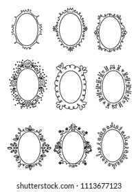 Pretty freehand blank decorative oval doodle frames black outline set, Princess crown, flowers, leafs, hearts, sea shell, star, floral simple linear art, Fun empty round picture border