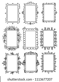 Pretty freehand blank decorative rectangle doodle frames black outline set, Princess crown, flowers, leafs, hearts, sea shell, star, floral simple linear art, Fun empty oblong picture border