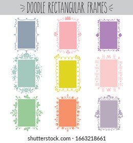 Pretty freehand blank decorative rectangular doodle frames colored set, Princess crown, flowers, leafs, hearts, sea shell, star, floral simple linear art, Fun empty circle picture border
