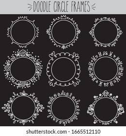 Pretty freehand blank decorative round doodle frames white outline set, Princess crown, flowers, leafs, hearts, sea shell, star, floral simple linear art, Fun empty circle picture border