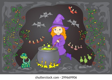Pretty friendly witch brews a potion. Magic potion boils in a cauldron. Dried mushrooms are hanging in a cave. Snake and bats sitting nearby. Vector illustration for kids