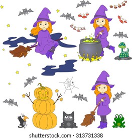 Pretty friendly witch with a broomstick, pumpkin snowman, surprised crow, bats, black cat and frog