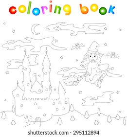 Pretty friendly witch flying on a broomstick in the night sky. Old castle standing on a hill. Coloring book to Halloween. Vector illustration for kids