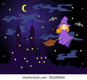 Pretty friendly witch flying on a broomstick in the night sky. Old castle standing on a hill on Halloween. Vector illustration for kids