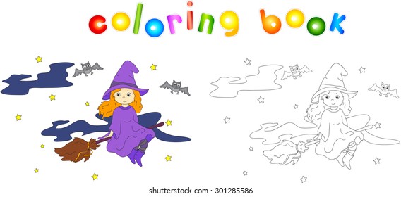 Pretty friendly witch flying on a broomstick in the night sky. Old castle standing on a hill on Halloween. Vector illustration for kids