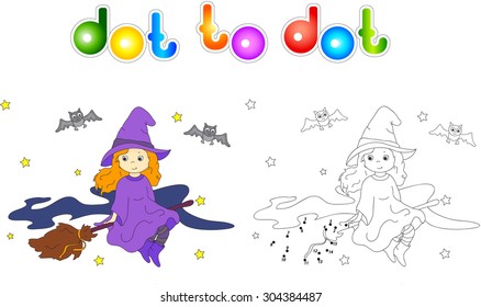 Pretty friendly witch flying on a broomstick in the night sky on Halloween. Connect dots and get image. Educational game for kids. Vector illustration