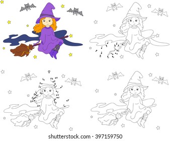 Pretty friendly witch flying on a broomstick in the night sky on Halloween. Coloring book and dot to dot educational game for kids