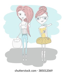 Pretty friends. Girl with a topknot, wearing a skirt and scarf and girl wearing jeans with a big bag
